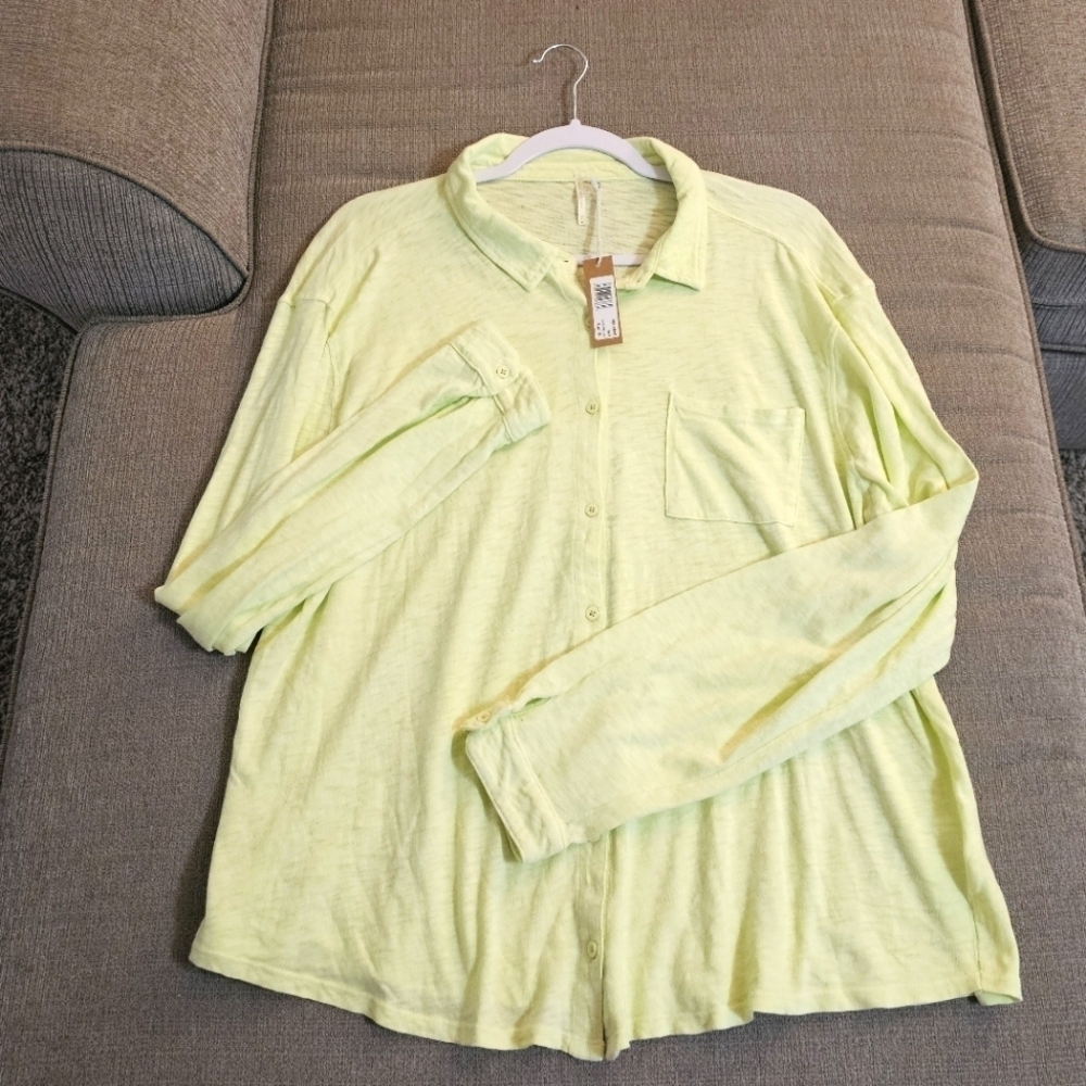 Hello Nite Shadow Lime Green Casual Button Boho Relaxed Top Size XL